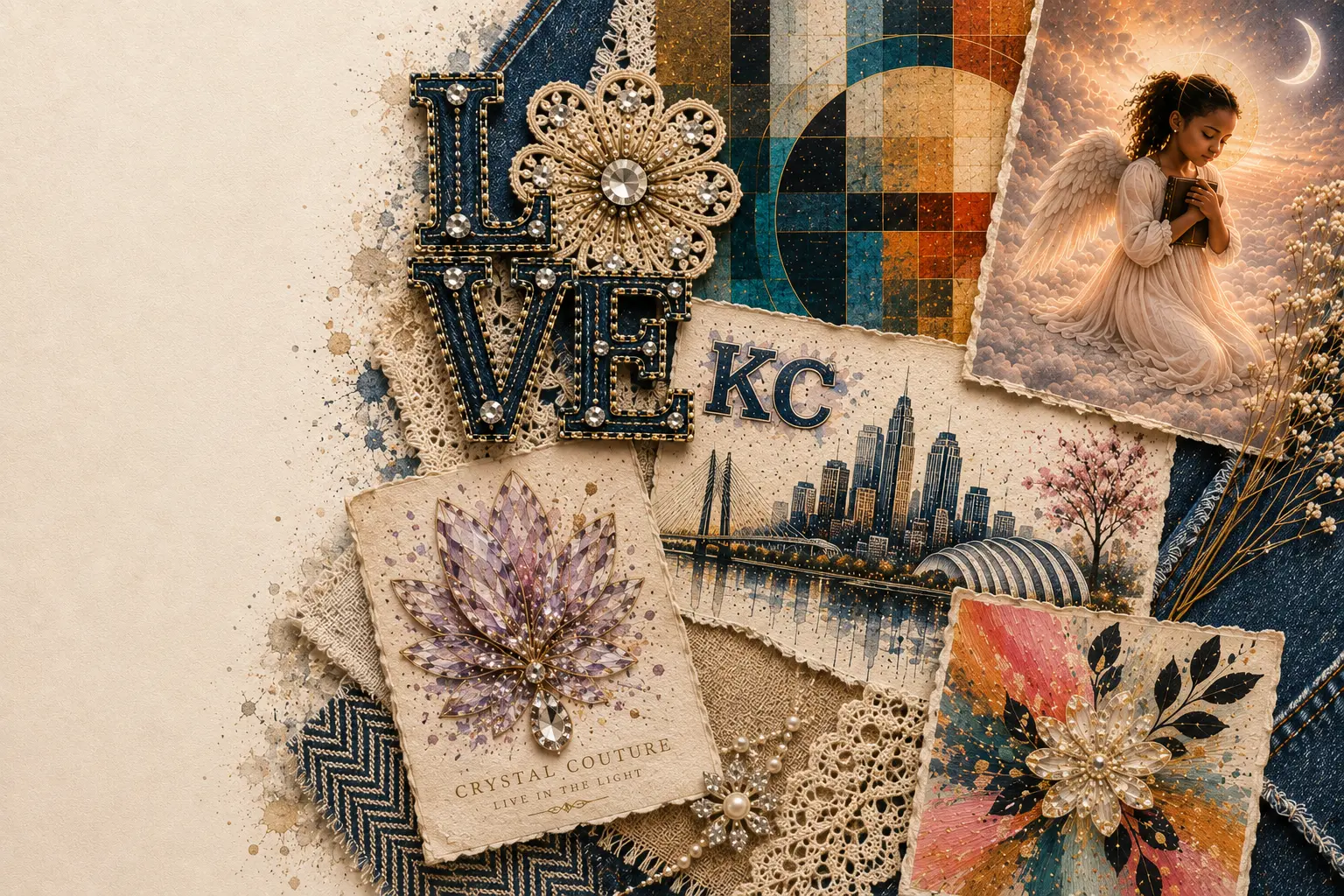 Collected Infinite Horizon Studio artwork: a crystal-set LOVE letter, lace and denim, a Kansas City skyline card, an angel illustration and jewelled botanical art on deckled paper
