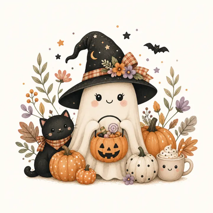 Whimsical Ghost and Black Cat — design HLD-0072