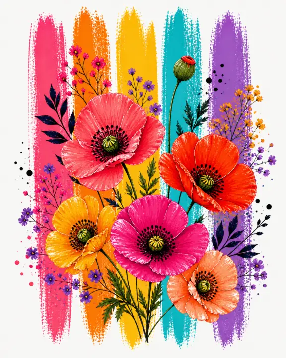 Vibrant Poppies on Brushstrokes — design FLR-0026