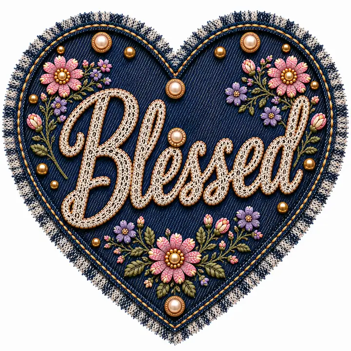 Denim Embroidered Blessed Heart — design FTH-0004