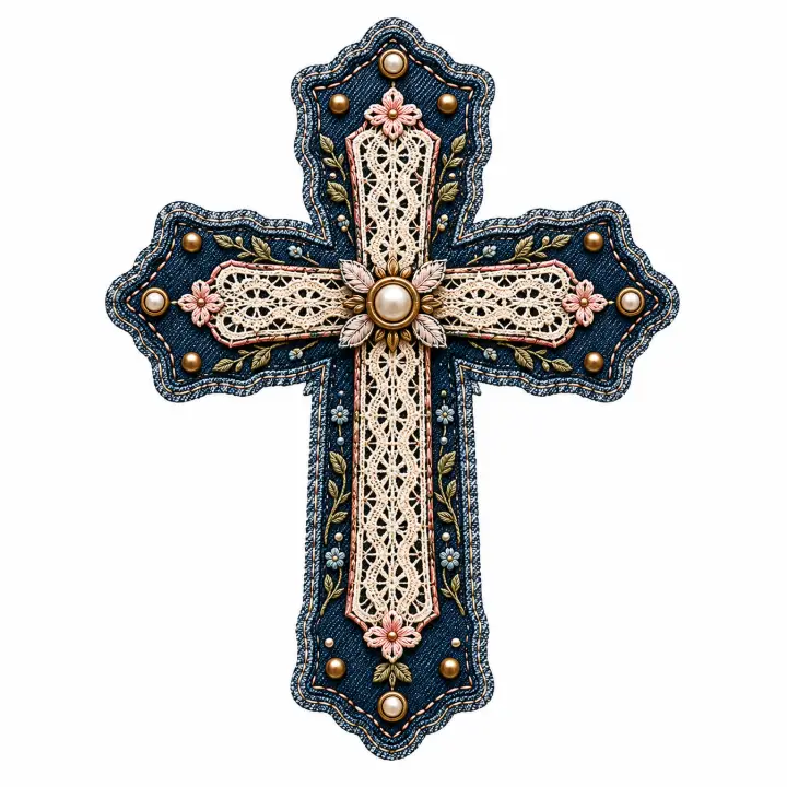 Ornate Denim and Lace Cross — design DL-0017
