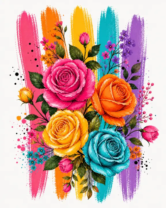 Colorful Rose Bouquet Paint Strokes — design FLR-0029