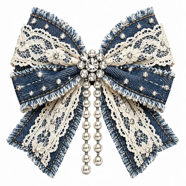 Denim Lace and Pearl Bow — design DL-0014