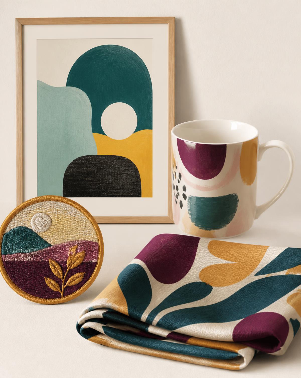 Ecru sweatshirt, printed swatch and ceramic mug sharing one motif