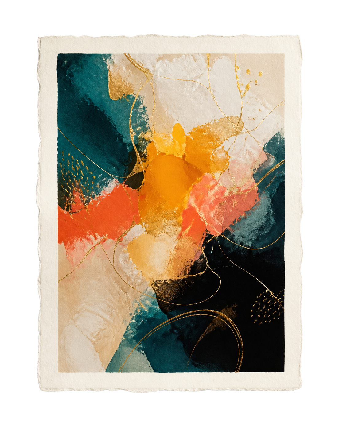 Loose art print on deckled cotton paper with an abstract taupe, gold and charcoal composition