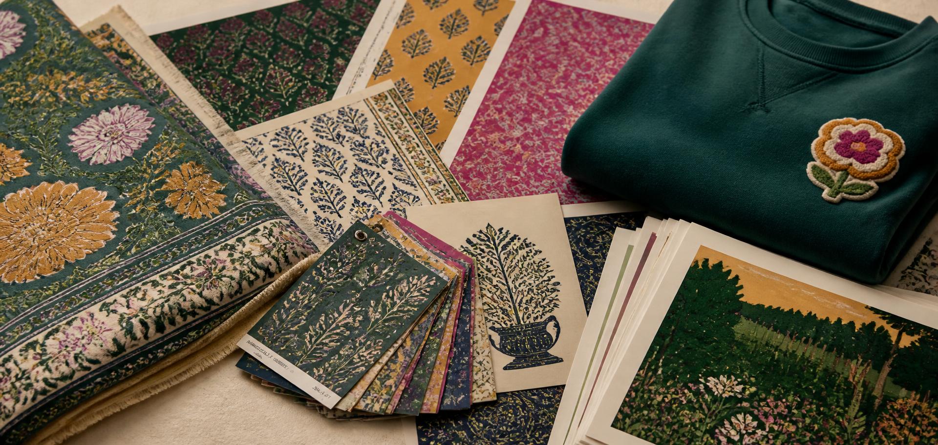 Designer archive of pattern sheets, textile swatches and printed apparel