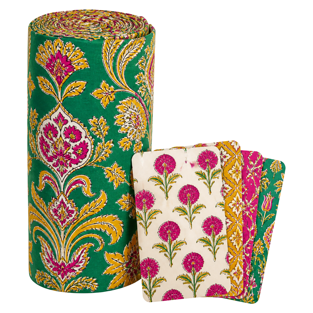 Rolled printed textile bolt with pattern swatch cards