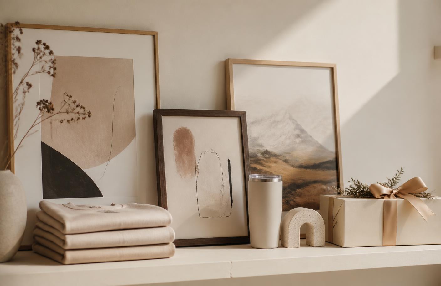 Boutique shelf with framed prints, folded apparel, drinkware, a décor object and a gift box
